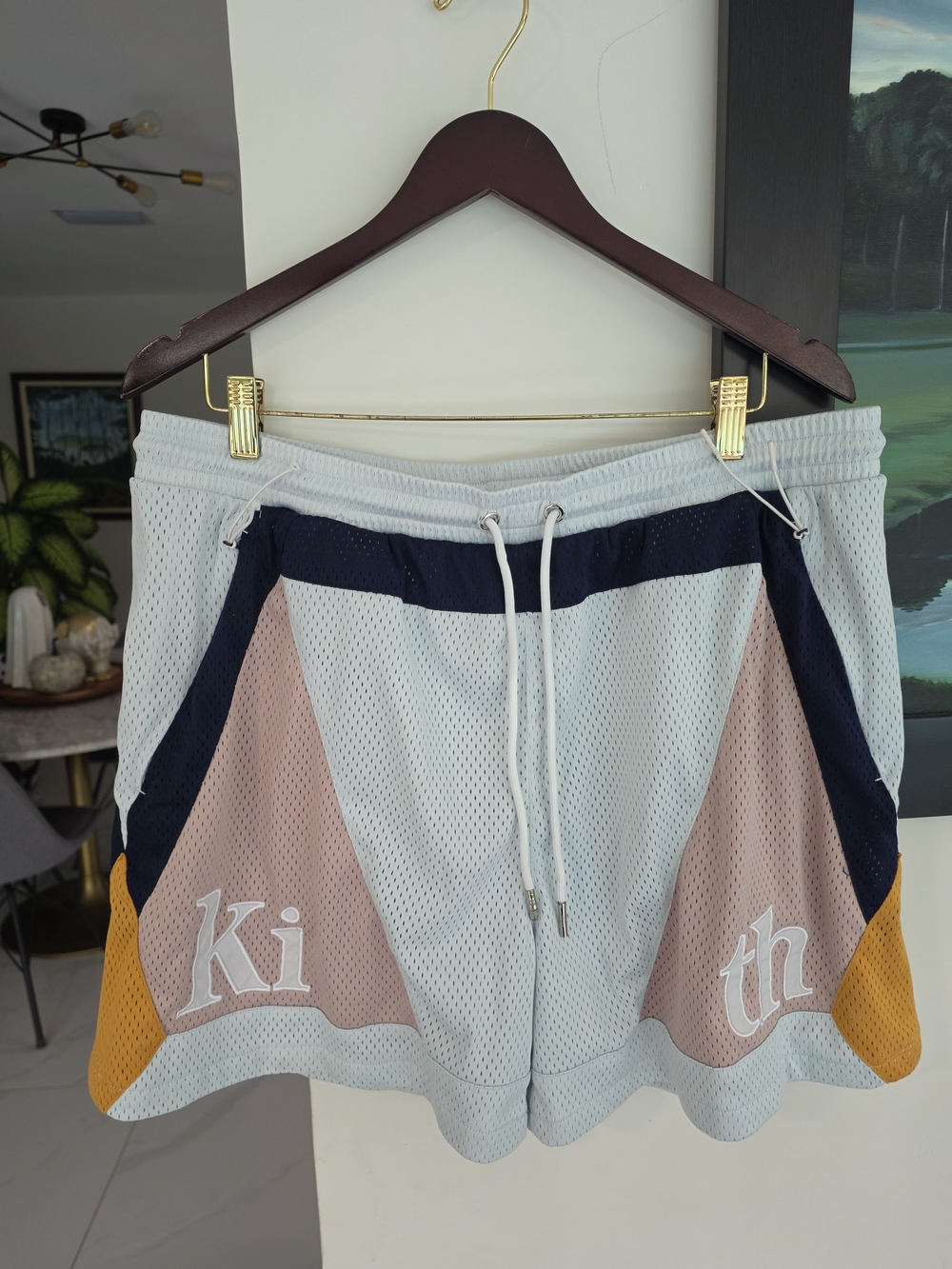 Kith Light Gray Mesh Athletic Shorts with Pink, Navy & Yellow Accents